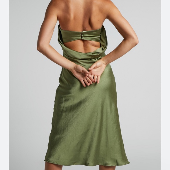 Showpo- CHARLITA MIDI DRESS - STRAPLESS COWL BACK DRESS IN OLIVE - Picture 2 of 3